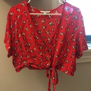Red floral button up crop top with tie